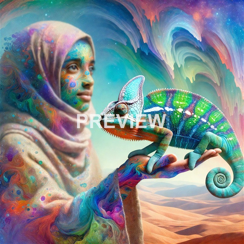 A person with colorful, psychedelic face paint and clothing holding a vividly colored chameleon against a vibrant, surreal landscape with swirling, pastel-colored skies.